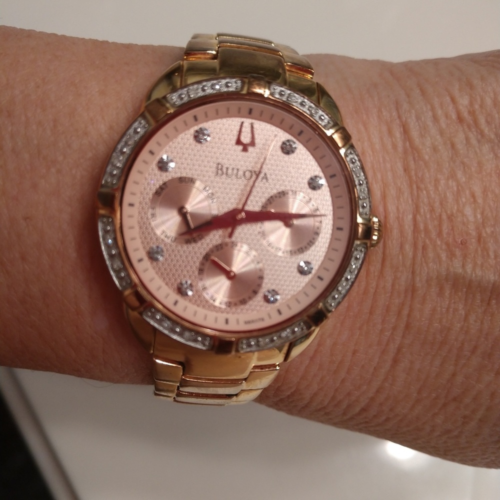 Pink Bulova watch with diamonds